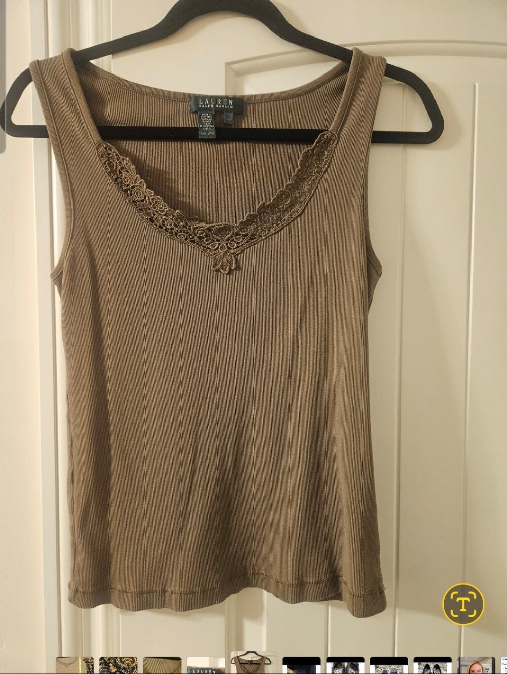 Ralph Lauren Taupe Ribbed Tank with Lace Trim Size L